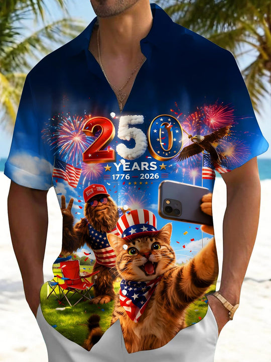 Men's Cat & Bigfoot Selfie Print Short Sleeve Shirt front view Independence Day