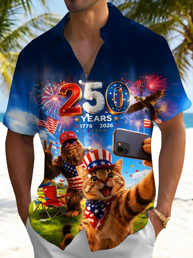 Men's Cat & Bigfoot Selfie Print Short Sleeve Shirt front view Independence Day