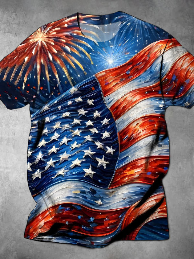 Men's American flag print short sleeve graphic t-shirt front view for Independence Day