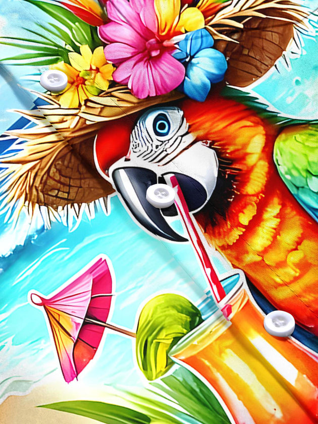 Men's Hawaiian coconut tree parrot print short sleeve shirt flat lay