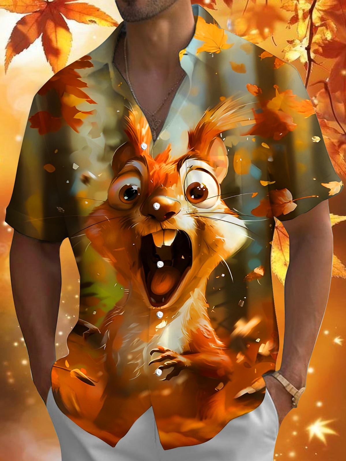 Funny Squirrel Maple Leaf Men's Pocket Short Sleeve Shirts