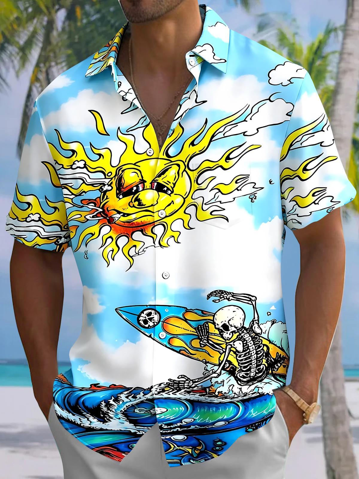 Hawaiian Skull Surfing Men's Pocket Short Sleeve Shirts