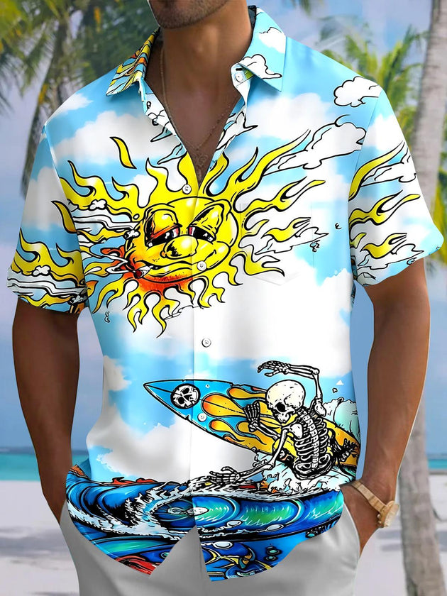 Hawaiian Skull Surfing Men's Pocket Short Sleeve Shirts