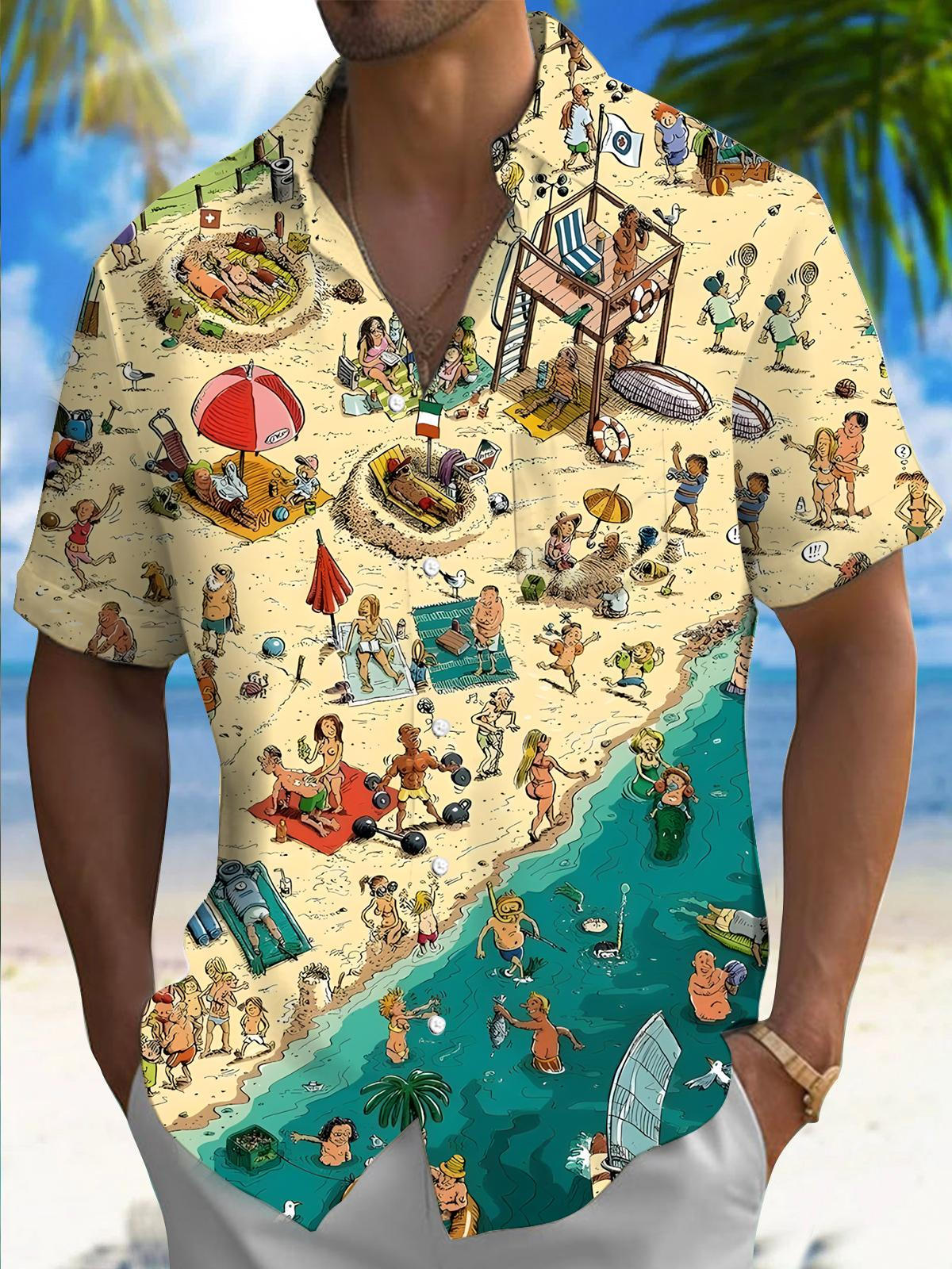 Hawaiian Beach Print Men's Pocket Short Sleeve Shirts