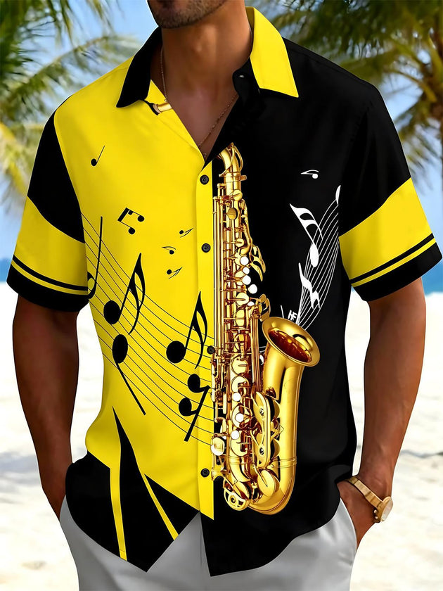 Saxophone Note Print Men's Pocket Short Sleeve Shirts