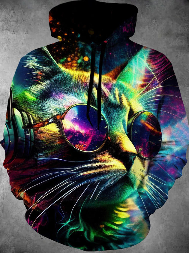 Men's Cat Graphic Long Sleeve Pullover Hoodie Front View