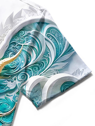 men's dragon print shirt close-up short sleeve