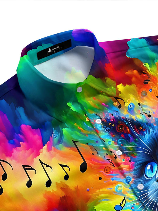 Colorful Tie-Dye Music Note Black Cat Men's Pocket Short Sleeve Shirts