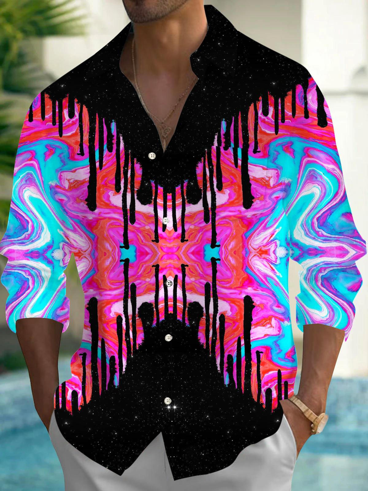 Abstract Tie Dye Ombre Men's Pocket Long Sleeve Shirts