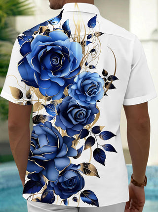 Men's blue floral short sleeve Hawaiian shirt back view