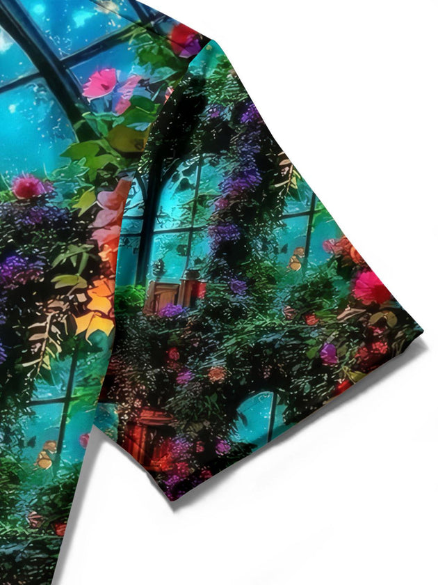 men's green floral shirt close-up short sleeve