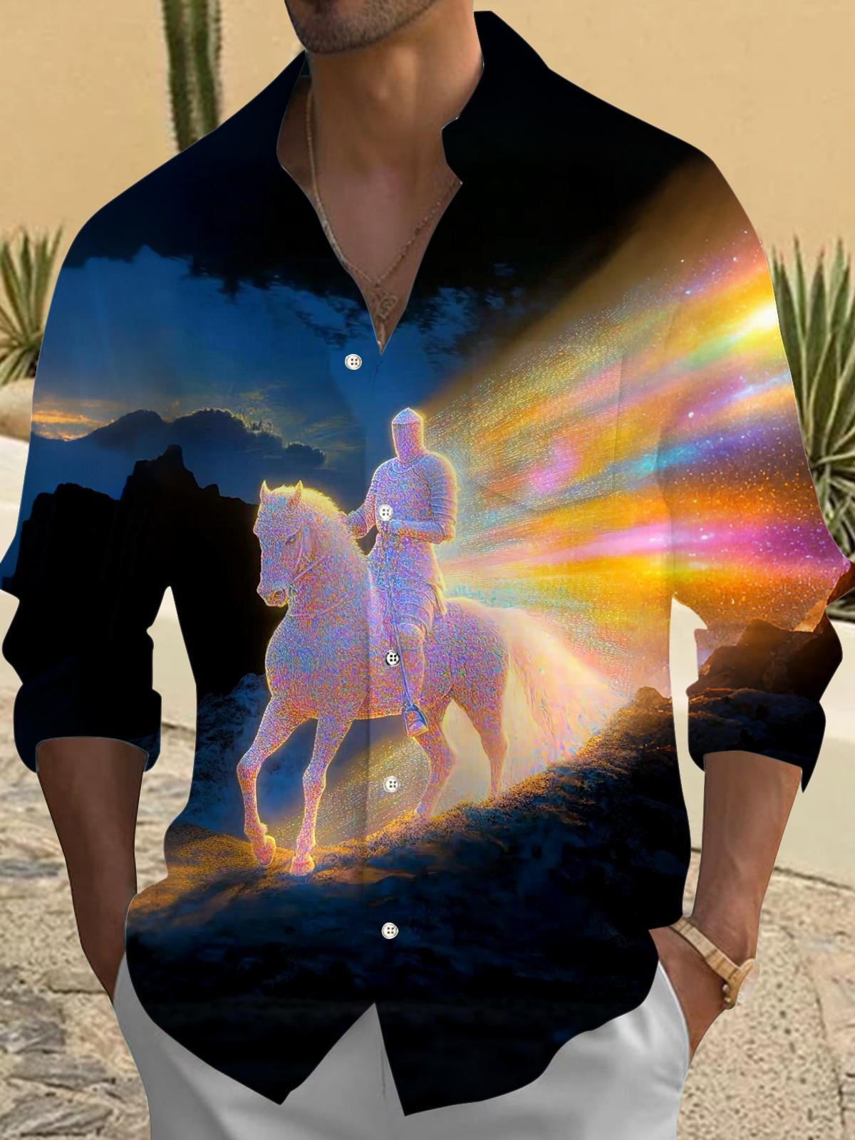 Knight Art Print Men's Pocket Long Sleeve Shirts