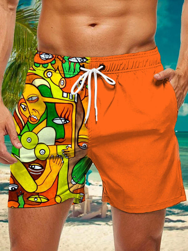 Men abstract art colorblock print casual shorts front view