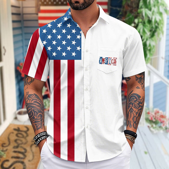 Men's short sleeve Hawaiian American flag print shirt worn casually at resort for Independence Day