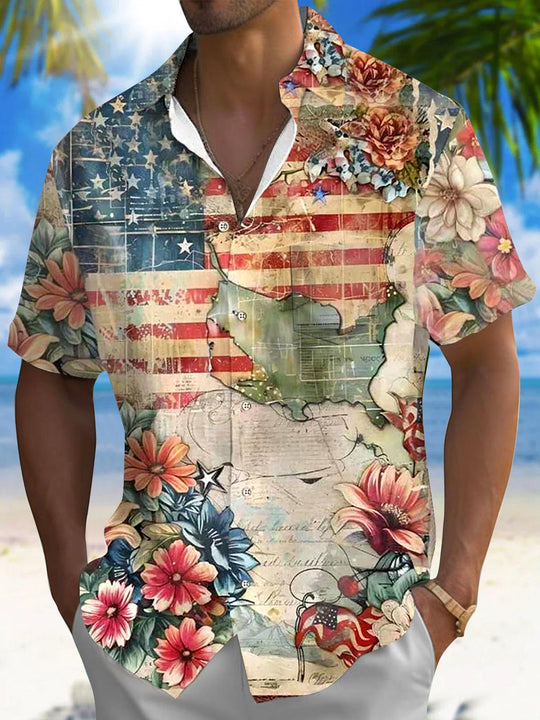 Men's American flag print short sleeve shirt front view for Independence Day