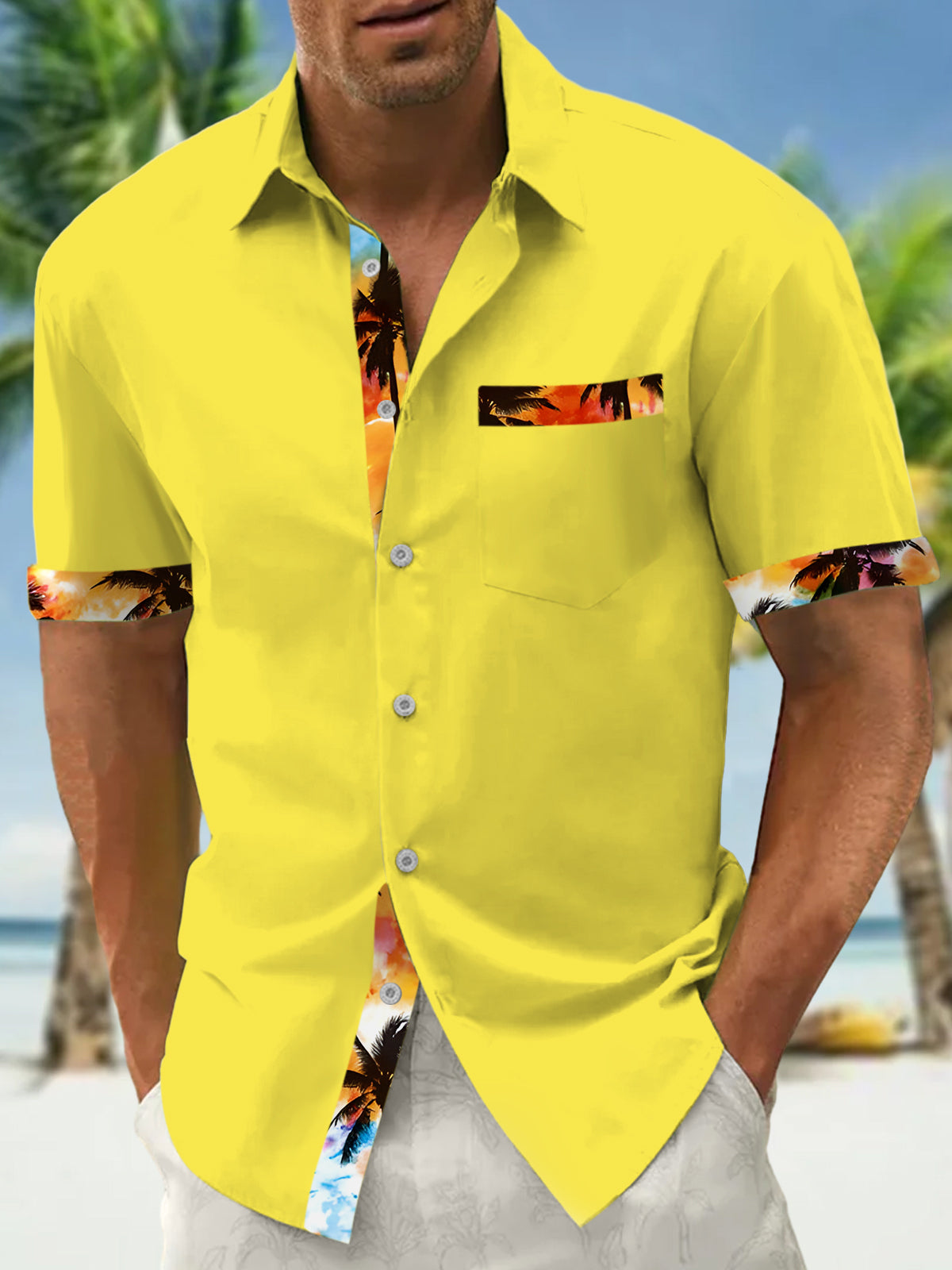 Hawaiian Coconut Print Men's Pocket Short Sleeve Shirts