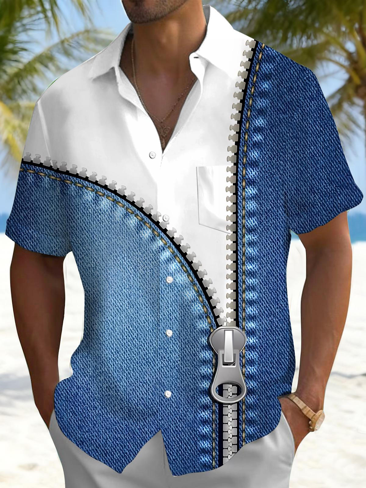 Zipper Print Men's Pocket Short Sleeve Shirts