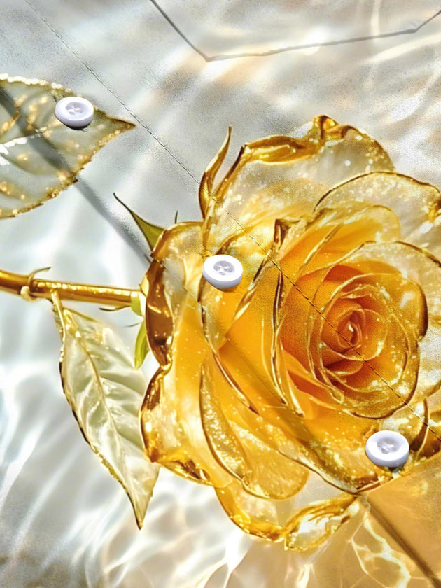 Men's gold rose print short sleeve shirt flat lay