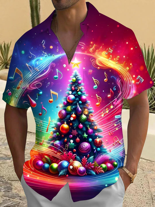 Men's Christmas musical note tree tie dye short sleeve shirt front view for holiday party