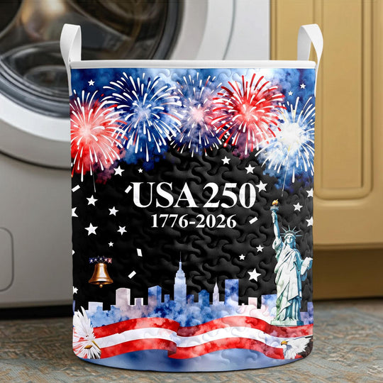 Men's red white blue quilted hamper storage bin lifestyle scene for vacation Independence Day view 18