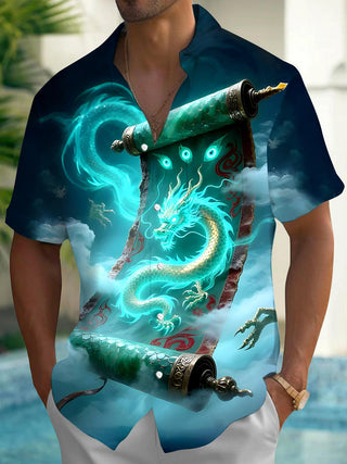 Men's dragon print pocket short sleeve shirt front view