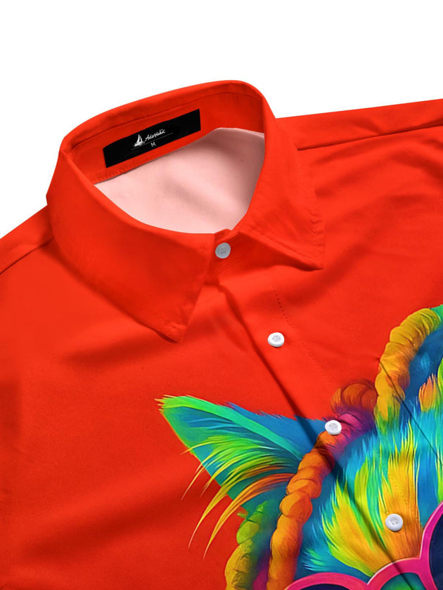 Men's side view funny cat print half sleeve pocket shirt