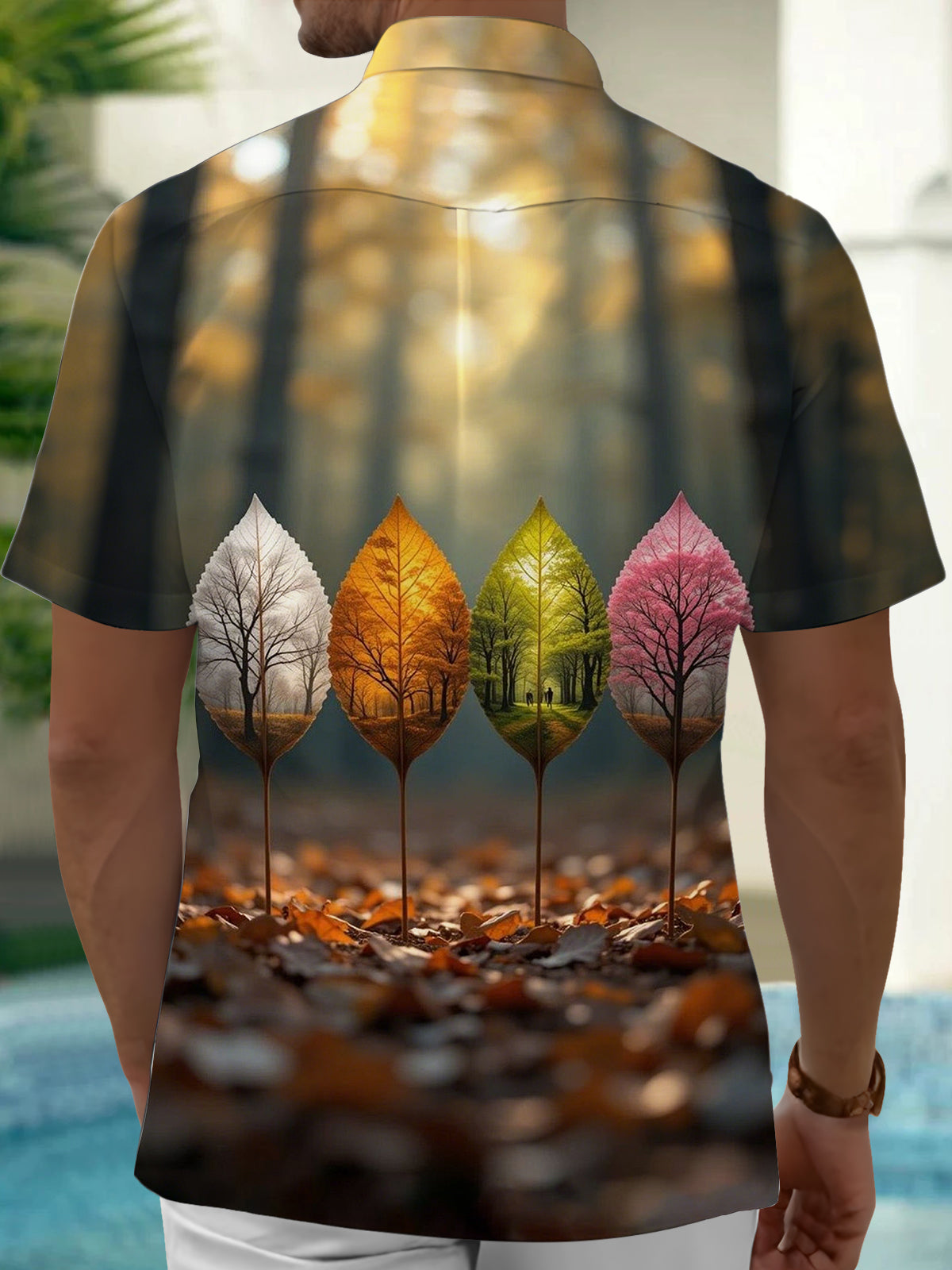 Leaf Print Men's Pocket Short Sleeve Shirts