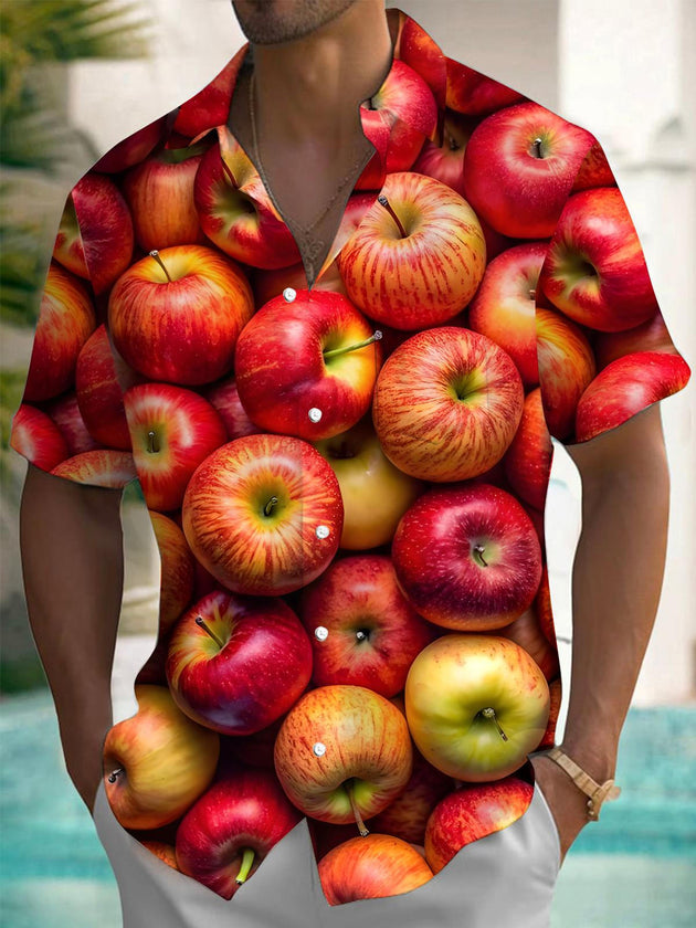 Men's short sleeve shirt with apple print, front view