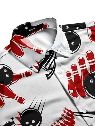 Men's navy athletic bowling print half sleeve shirt side view