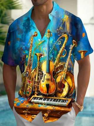 Men's black short sleeve shirt with music print front view