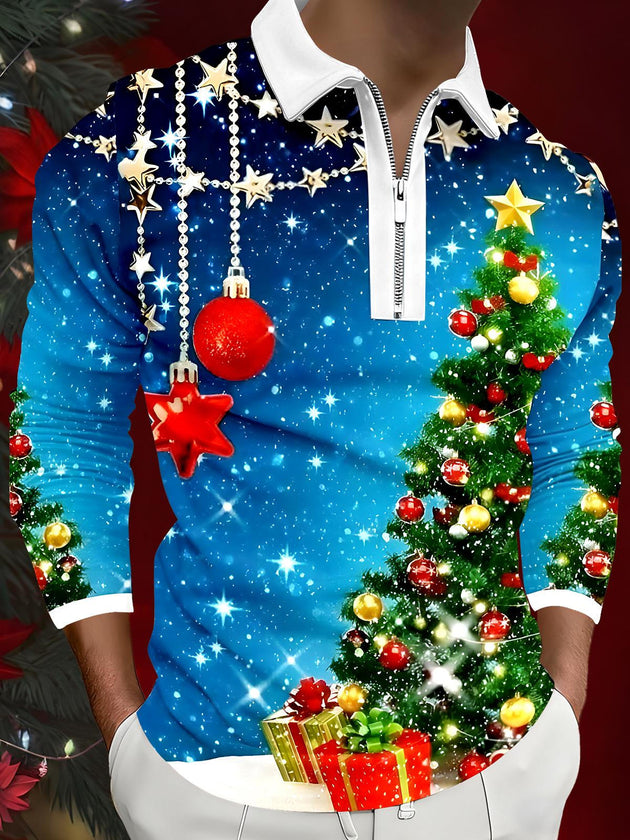 Men's Christmas tree pattern long sleeve zipper polo shirt front view for holiday party