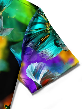 Men's fish print short sleeve shirt close-up detail view
