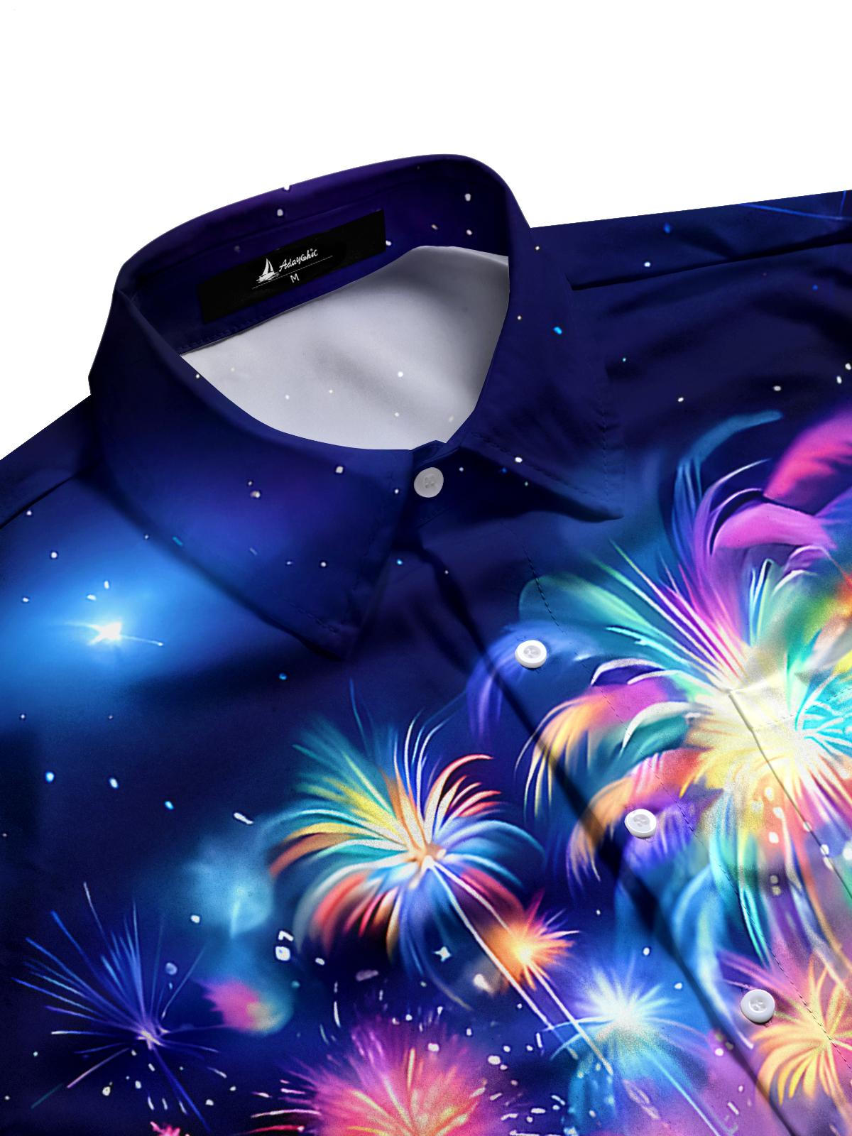 Hawaiian Coconut Tree Fireworks Men's Pocket Short Sleeve Shirts