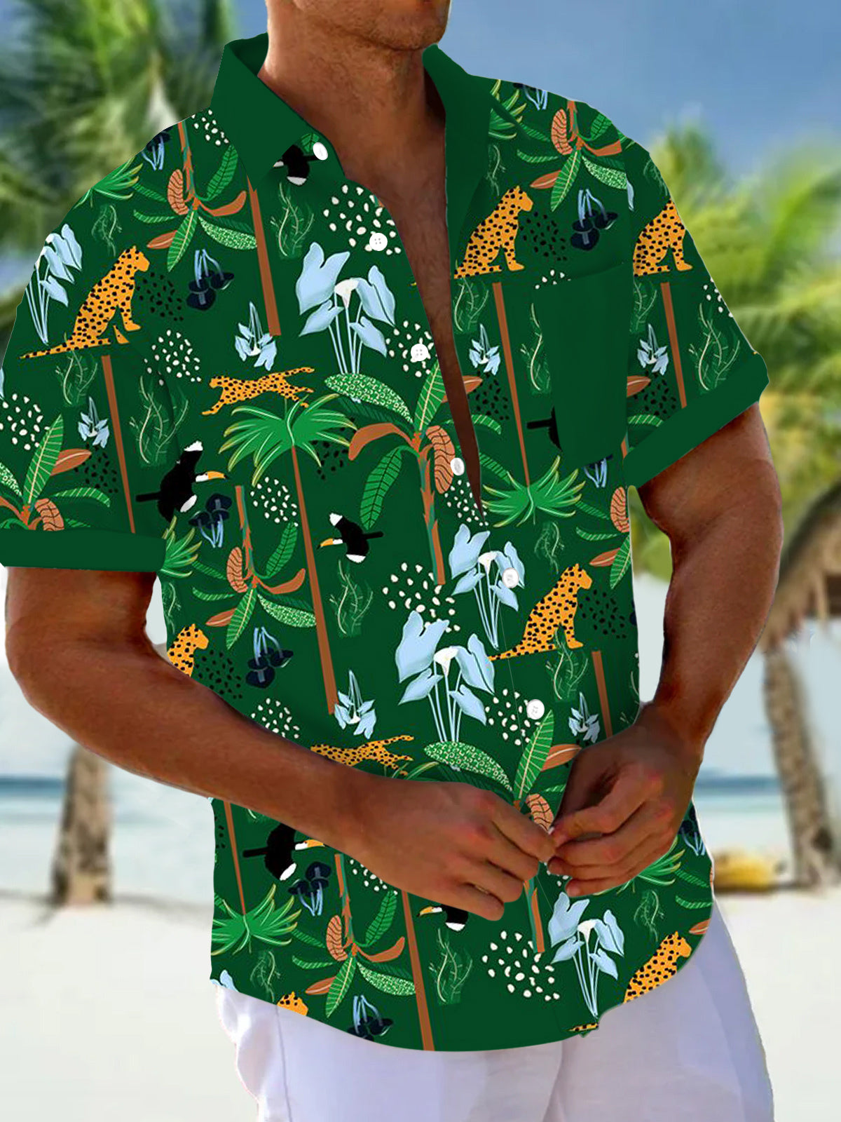 Hawaiian Botanical Print Men's Pocket Short Sleeve Shirts