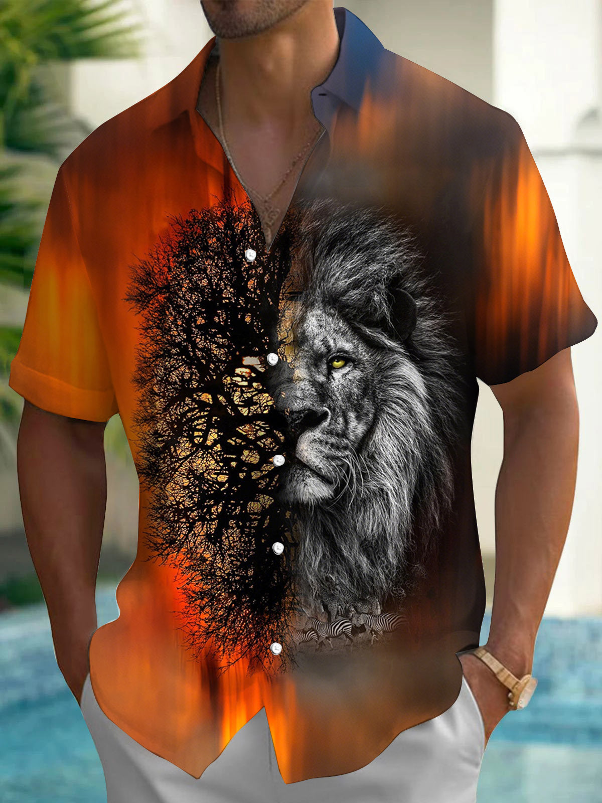 Lion Print Men's Pocket Short Sleeve Shirts