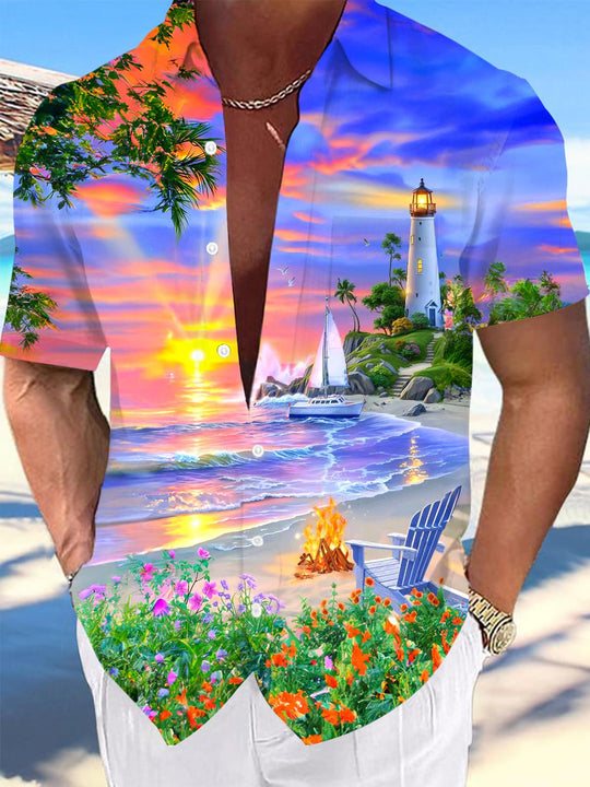 Men's Hawaiian print pocket short sleeve shirt front view for beach vacation