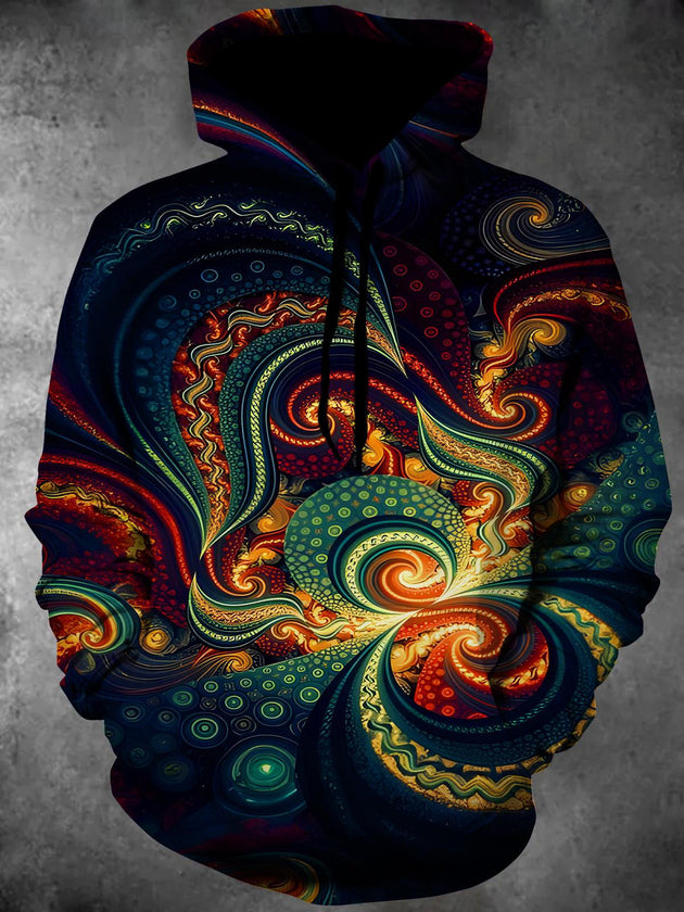 Men's black abstract geometry print long sleeve hooded pocket top front view