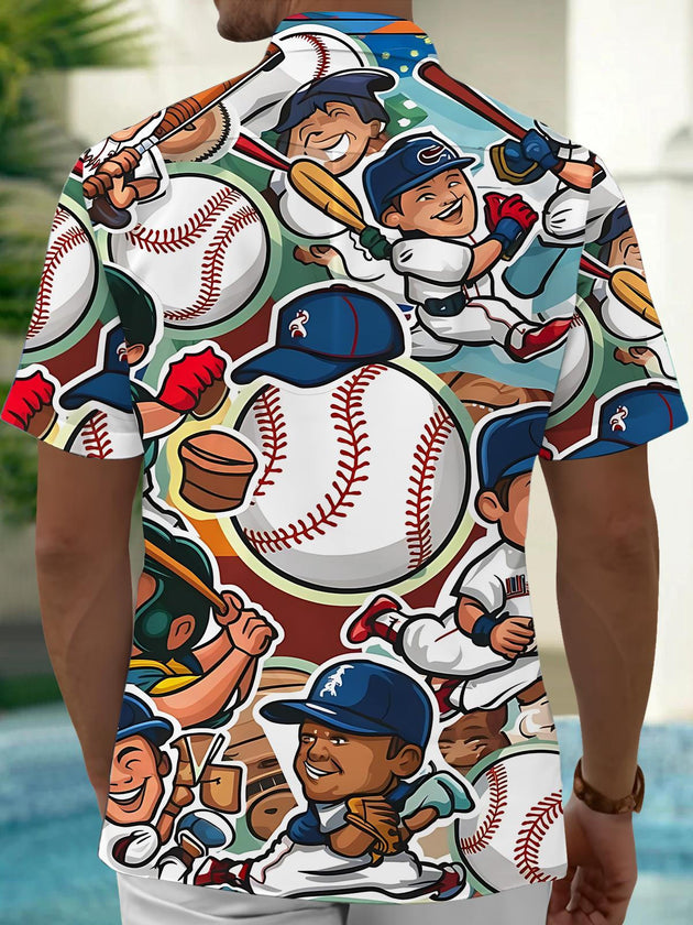 Men's black baseball player print short sleeve shirt back view