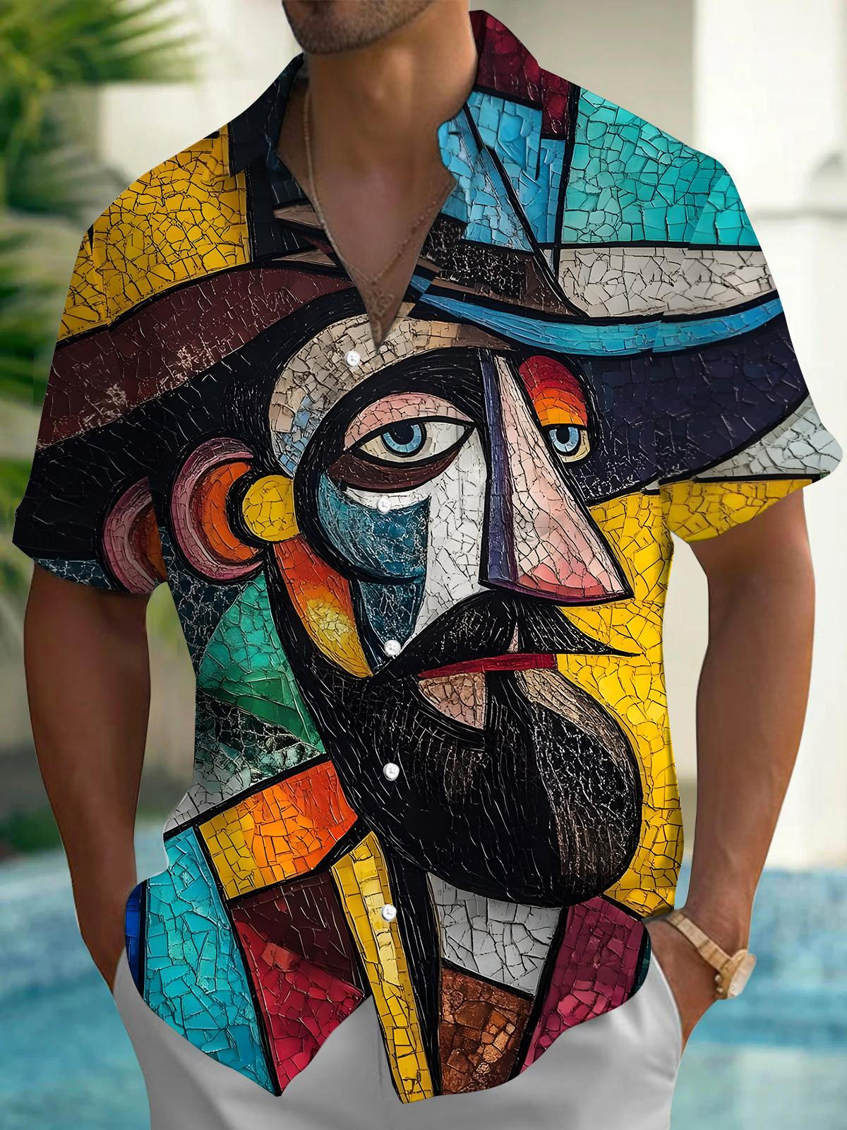 Color Block Face Men's Pocket Short Sleeve Shirts