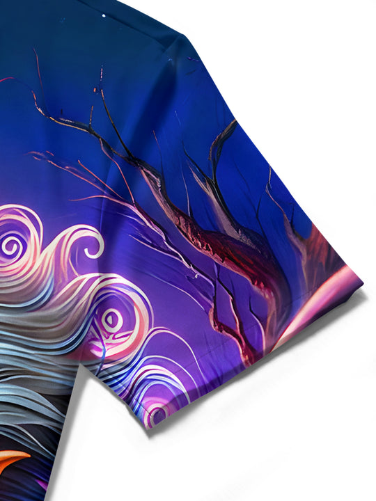 Men's orange Halloween ghost bat print short sleeve shirt detail close-up