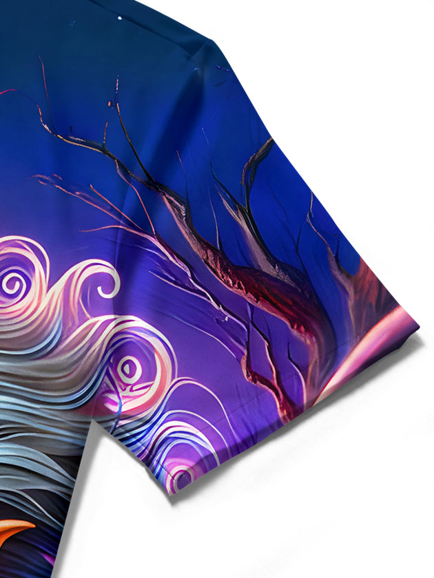 Men's orange Halloween ghost bat print short sleeve shirt detail close-up
