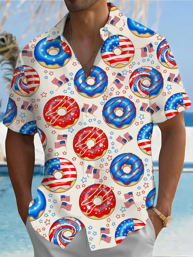 Men's American Flag Donut Print Short Sleeve Shirt Front View