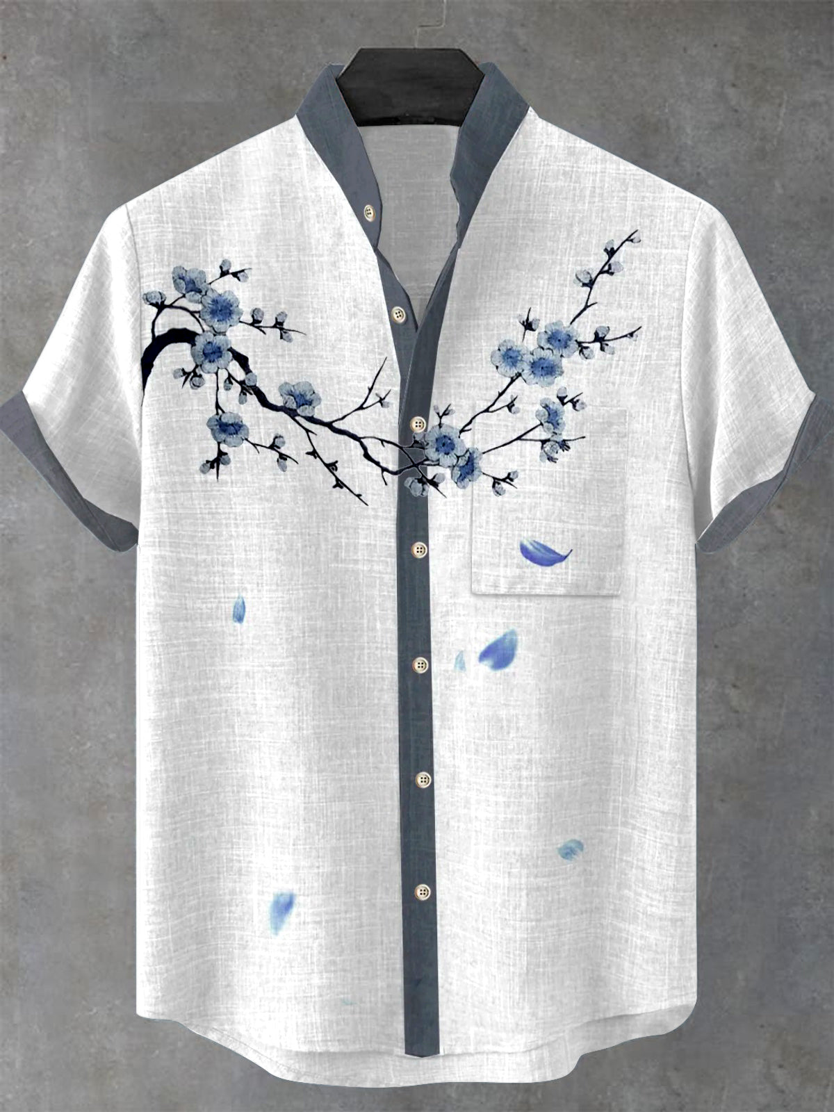 Floral Men's Pocket Short Sleeve Stand Collar Shirts