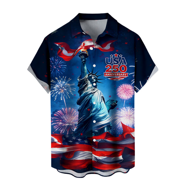 Men in red Hawaiian American flag print short sleeve button up shirt at Independence Day backyard barbecue