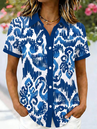 Women's short sleeve Hawaiian shirt front view for tropical beach vacation