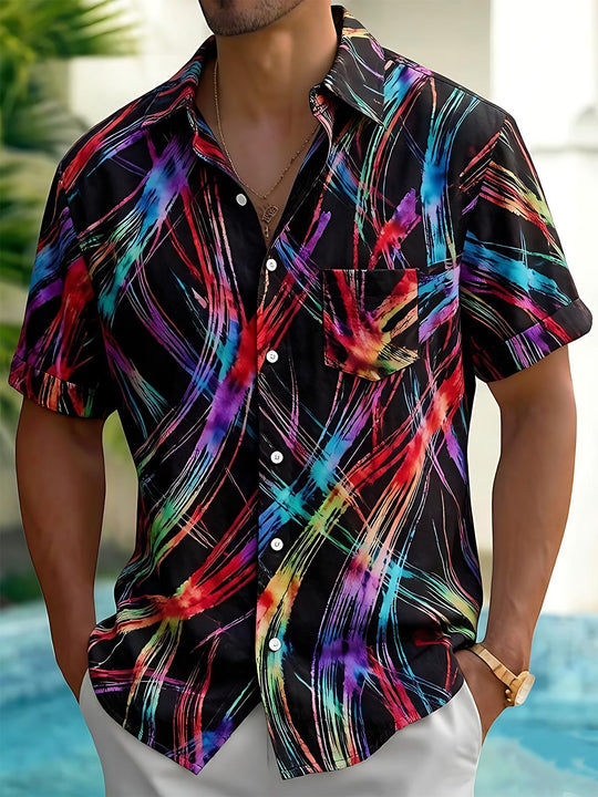 Colorful Abstract Brushstroke Tie-Dye Geometry Men's Pocket Short Sleeve Shirts