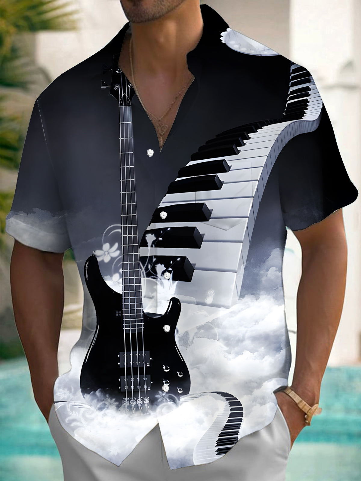 Musical Instruments Guitar Piano Men's Pocket Short Sleeve Shirts