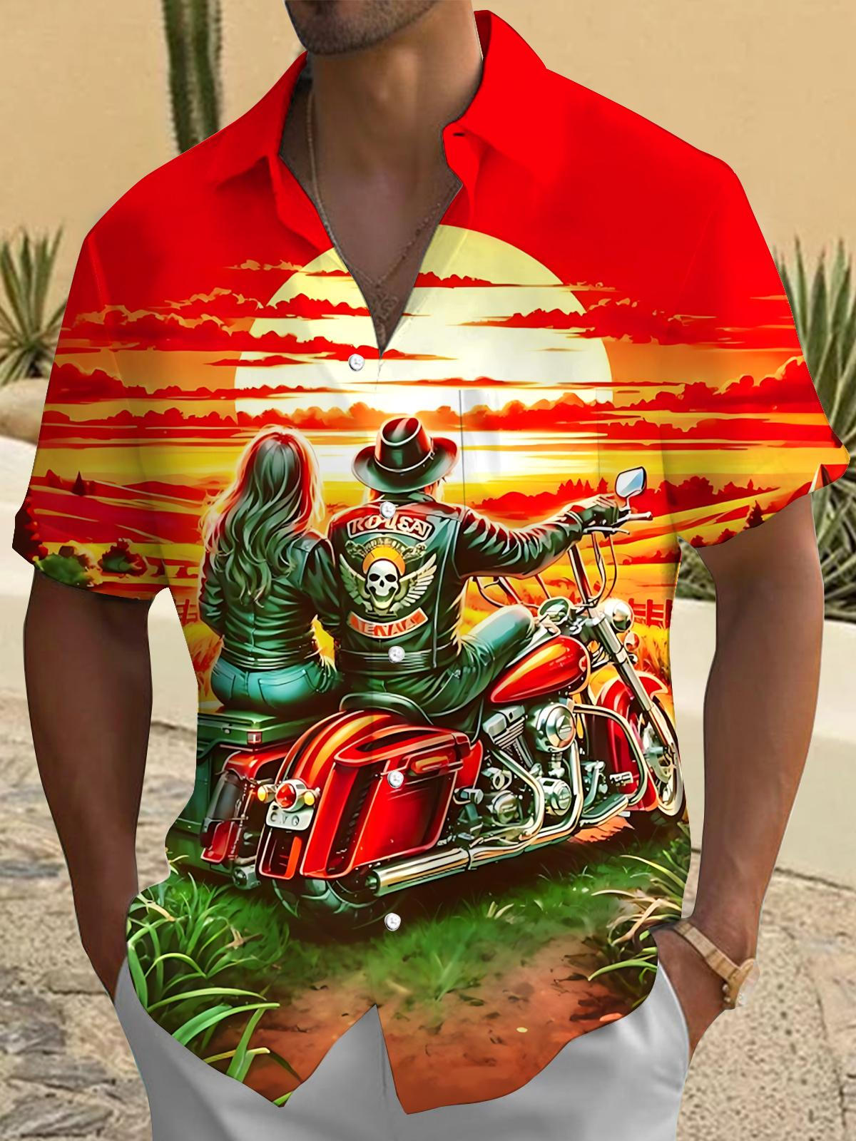 Sunset Landscape Print Men's Pocket Short Sleeve Shirts