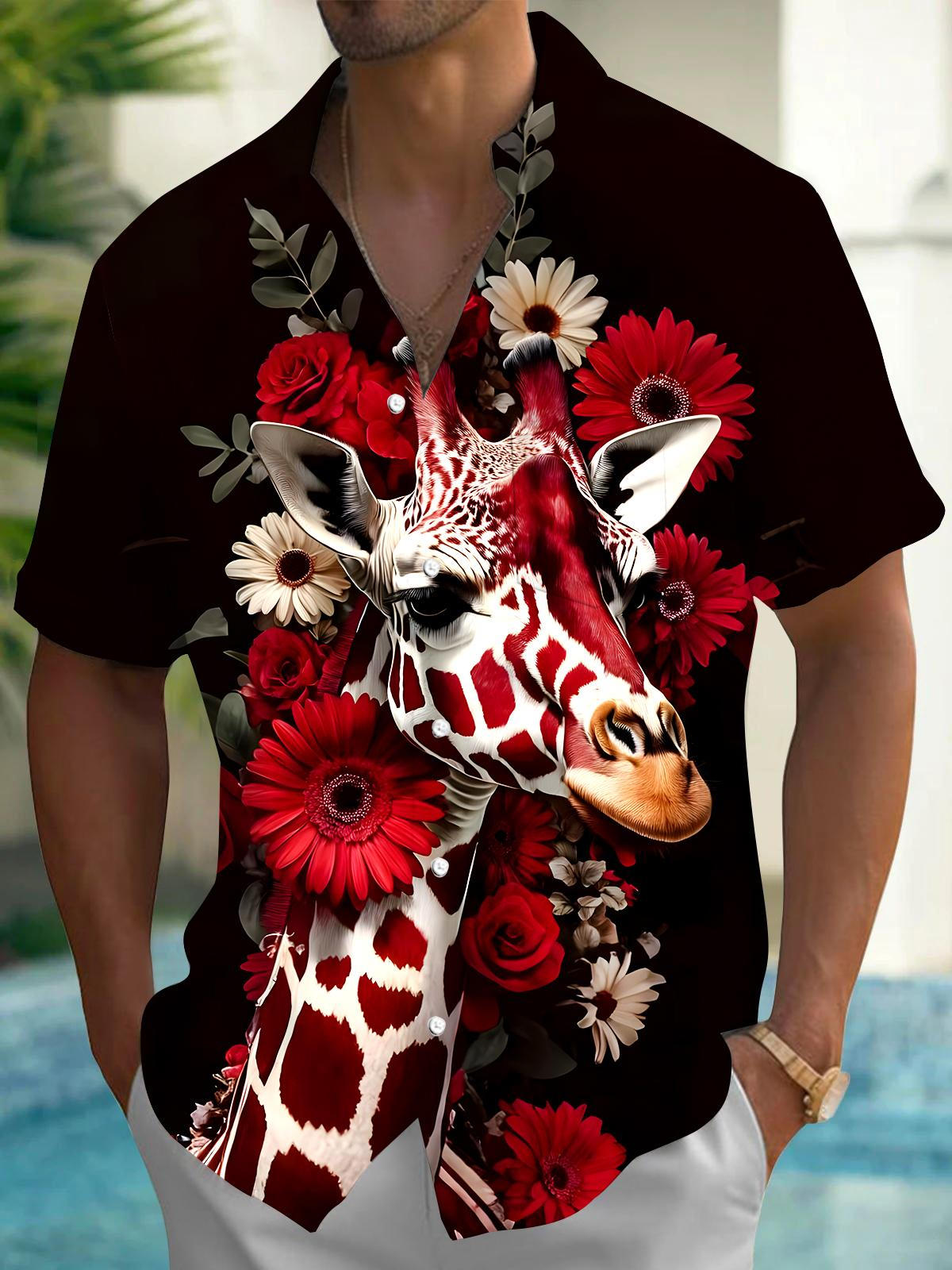 Giraffe Floral Men's Pocket Short Sleeve Shirts