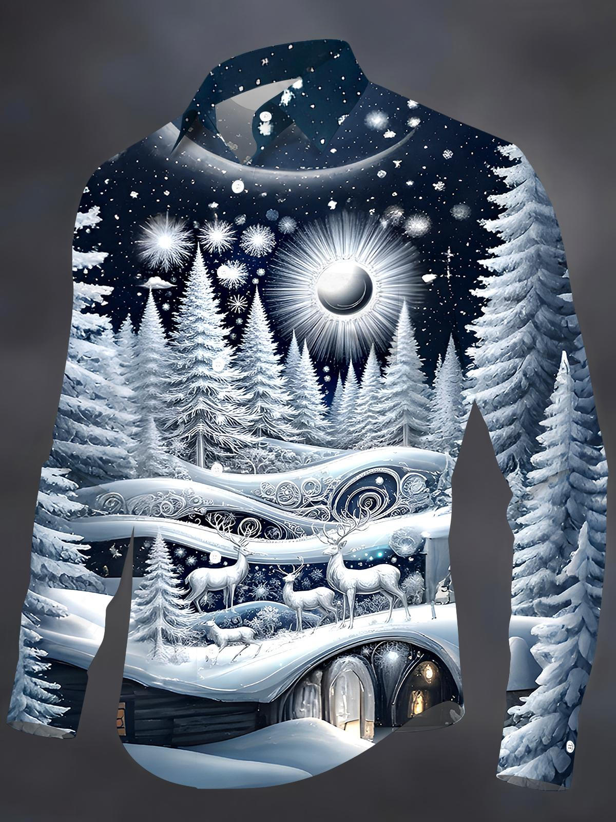 Winter Forest Deer Men's Pocket Long Sleeve Shirts